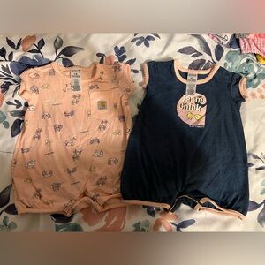 Set of 2 Carhartt Rompers, baby girl, size 6 months, farm chick, pink, blue